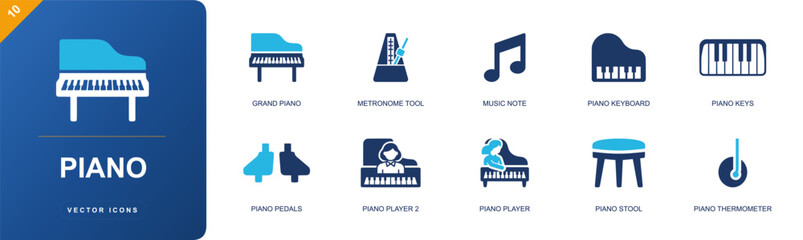Piano music icon set. Containing grand piano, metronome tool, music note, piano keyboard, piano keys, piano pedals, piano player, piano stool, tuner and more. Solid fill vector icons © Anna