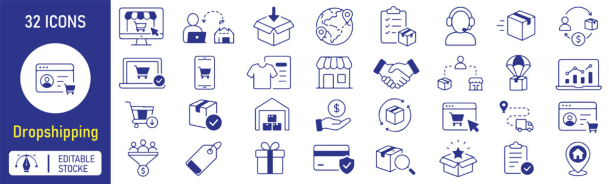 Dropshipping and E-commerce Line Icons Set - 32 Editable Stroke Logistics and Online Shopping Vector Elements