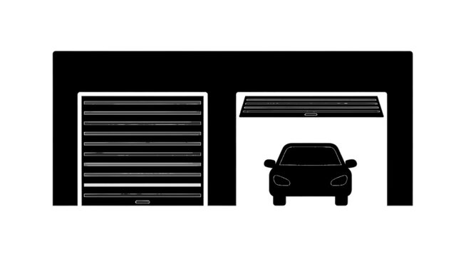 Minimal black silhouette icon, simple flat vector, bold black shape, no, no shading garage with two doors, one closed and one open with a car inside on a, flat icon style