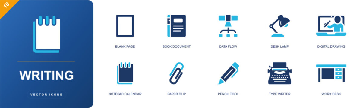 Writing icon set. Containing blank page, book document, data flow, desk lamp, digital drawing, notepad calendar, paper clip, pencil tool, typewriter and more. Solid fill vector icons.
