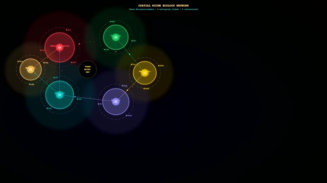 This intricate spatial transcriptomics visualization displays a dynamic network of glowing nodes and lines pulsating to represent interactions within a complex cellular environment.