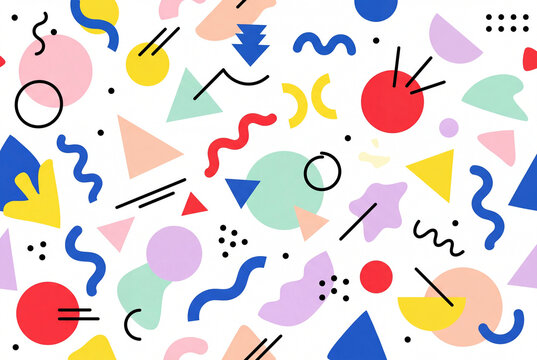 Colorful memphis style geometric pattern with playful abstract shapes on white