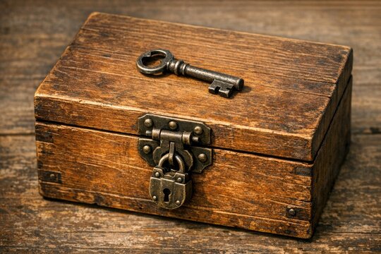 A small wooden box with a key sitting on top, ideal for use in fantasy or mystery scenes