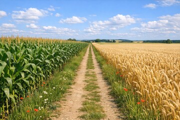 Fototapeta premium A dirt road runs through a lush green cornfield, suitable for rural or agricultural themed projects