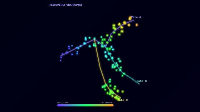 This evolving spatial transcriptomics visualization illustrates complex cellular differentiation pathways across various states within a biological system, offering profound scientific insights.