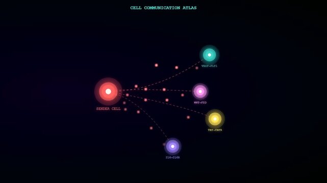 A complex spatial transcriptomics visualization shows a sender cell emitting digital signals through glowing pathways to multiple receptors in a dark biological network animation