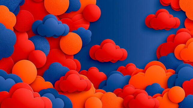 Abstract paper cut clouds in vibrant red orange and blue