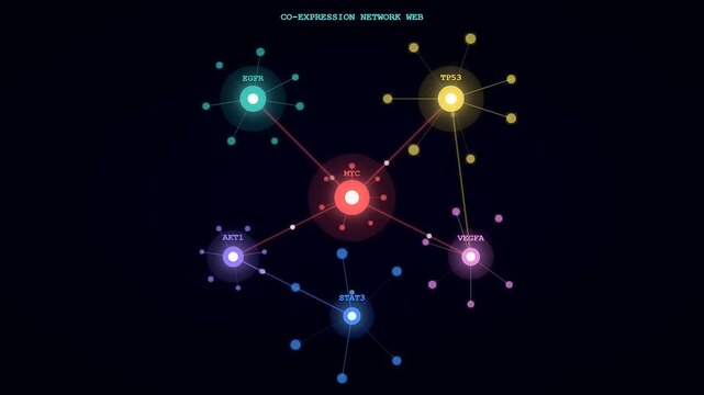 Spatial transcriptomics visualization shows an evolving gene co-expression network, highlighting complex molecular interactions and expanding biological pathways on a dark background.