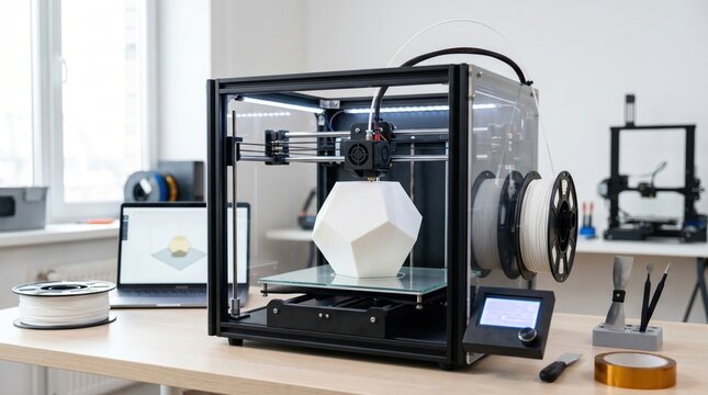 3d printer printing a geometric shape in a workshop