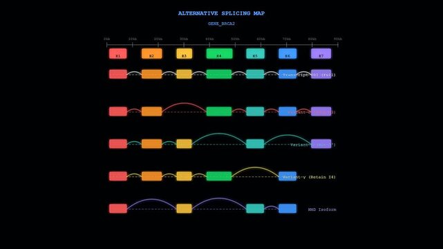 A detailed spatial transcriptomics visualization illustrates complex alternative splicing patterns of a gene, showcasing various exon combinations crucial for genetic research and molecular biology.