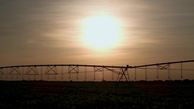 Silhouette of a large center pivot irrigation system stretching across a vast agricultural field at sunset, with a bright sun glowing in the hazy sky over the farmland during golden hour