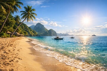 Fototapeta premium Coastal landscape featuring palm trees and a boat on the water, suitable for travel or leisure concepts