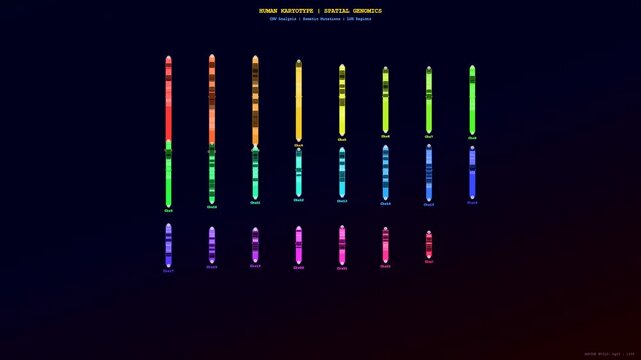This scientific sequence shows a detailed spatial transcriptomics visualization where human chromosomes gradually animate and light up to represent complex genetic data mapping for medical research.