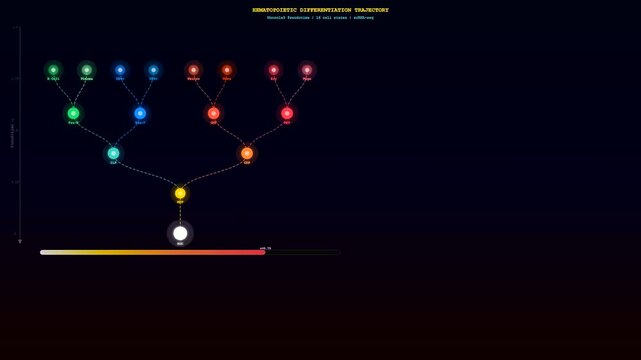 This advanced spatial transcriptomics visualization shows a growing tree of stem cell development across a dark digital interface during a scientific data analysis process.