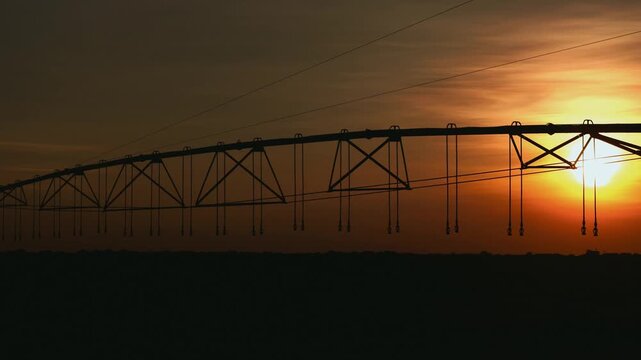 Silhouette of a center-pivot irrigation system in a vast agricultural field during a golden sunset, highlighting modern farming technology and rural landscape beauty in the evening