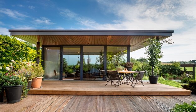modern garden office with wooden deck