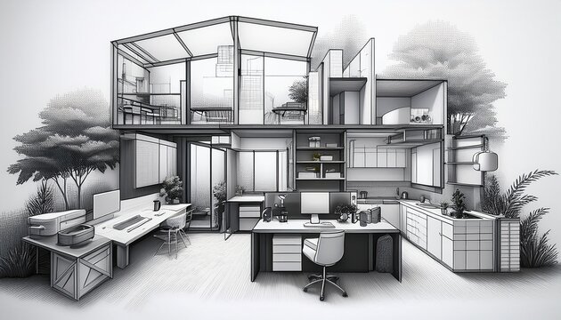 architectural cad blocks of office bathroom living room garden and workshop furniture are illustrated in a simple black and white design