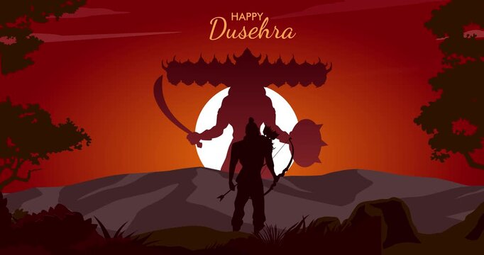 Happy Dussehra motion banner. Silhouette of warrior with bow standing in front of sun. Traditional Indian festival celebrating victory of good over evil. Ram and Rawan. Animated cartoon