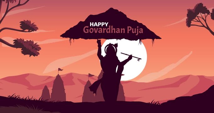 Happy Govardhan Puja motion graphics. Silhouette of Lord Krishna celebrating traditional Hindu festival. Indian religious holiday, devotion and spiritual heritage. Animated cartoon