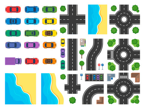 Colorful Toy Cars and Road Elements for Childrens Play and Education