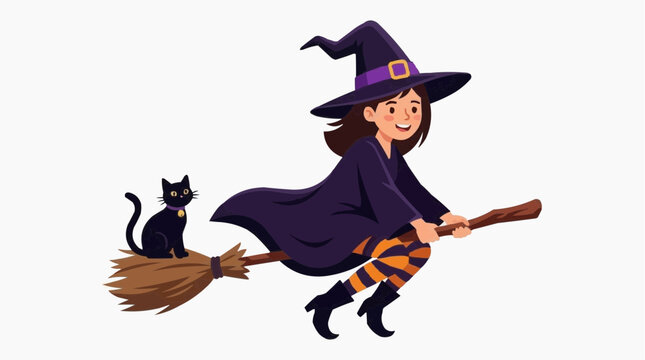 Young Witch Riding Broomstick Halloween Flat Vector Illustration