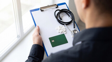 Man holding clipboard with insurance items on desk © Food Shop