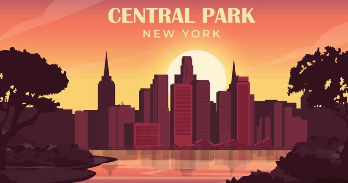 Central Park landscape motion graphics. Scenic view of famous urban park in New York City with green spaces, tranquil lakes and surrounding skyline. Travel destination. Animated cartoon