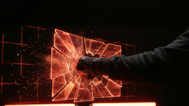 Dramatic fist breaking through glowing holographic screen symbolizing transformation and breakthrough innovation Perfect for technology advertising and motivational presentation