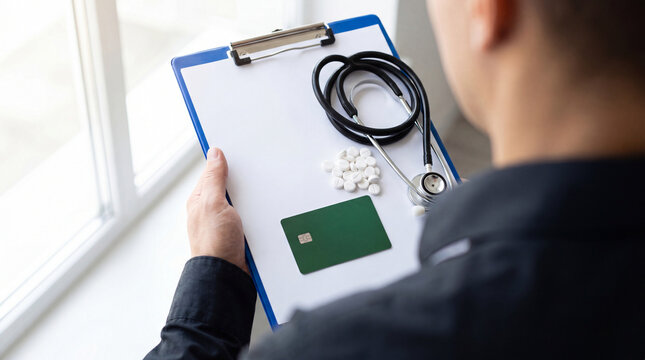 Man holding clipboard with insurance items on desk