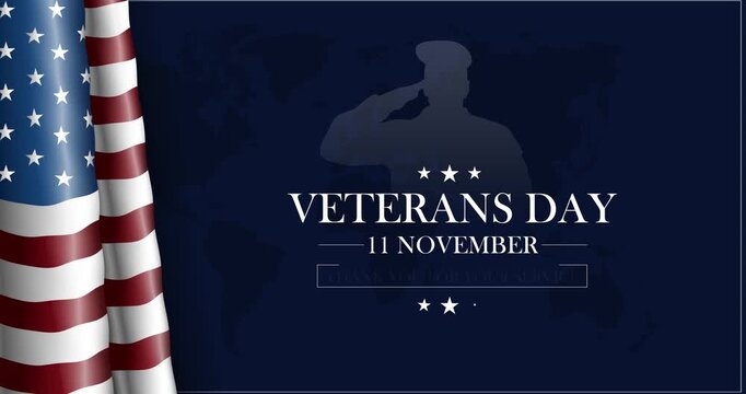 American Veterans Day motion background. Patriotic banner with USA flag honoring military veterans, service members and their dedication to nation. Gratitude and remembrance. Animated graphics