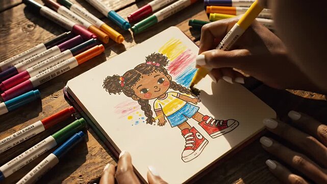 Colorful Cartoon Girl Illustration Standing on Notebook Surrounded by Pencils on Wooden Table