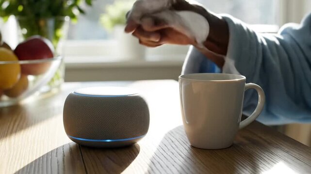 Person using smart speaker for morning coffee routine, smart home technology