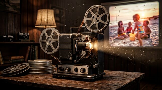 retro film equipment, a vintage mm film projector emits a warm glow, invoking nostalgic memories