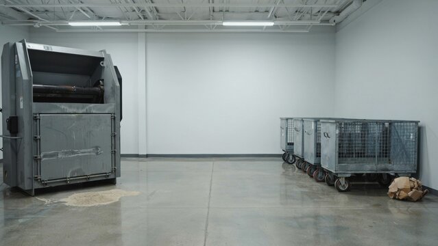 Industrial waste compactor stands in a clean warehouse facility next to a row of empty metal transport trolleys.