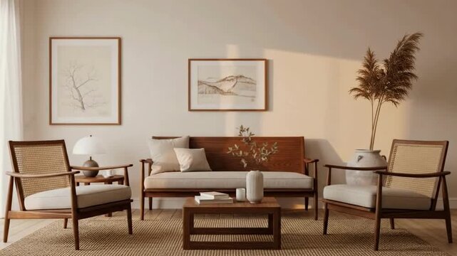 Cozy living room with modern furniture and elegant decor featuring wooden chairs, plush sofa, and decorative artworks on the wall.