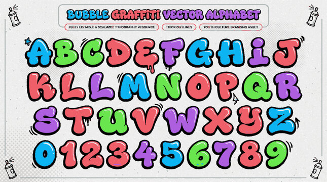 Colorful bubble graffiti alphabet and numbers vector set for urban style branding