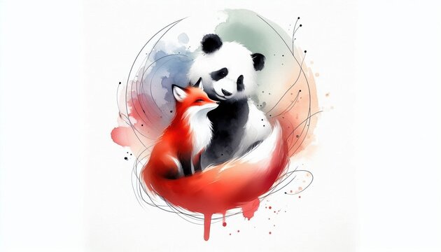 Watercolor illustration of a panda and red fox embracing in a harmonious design