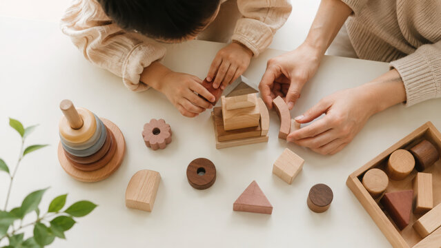 Parent and child playing with wooden blocks, stacking toys, and geometric shapes on white table, fostering creativity and mindful parenting