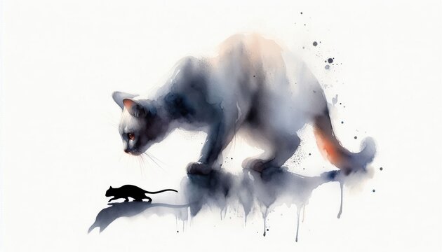 Watercolor illustration featuring cat in hunting mode with a shadowy prey figure