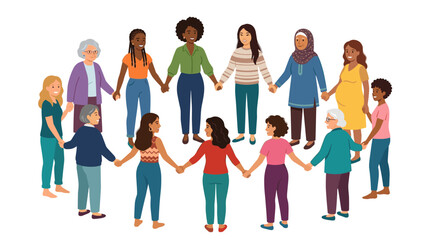 Obraz premium Diverse group of women from various backgrounds and ages standing together holding hands to form a pyramid