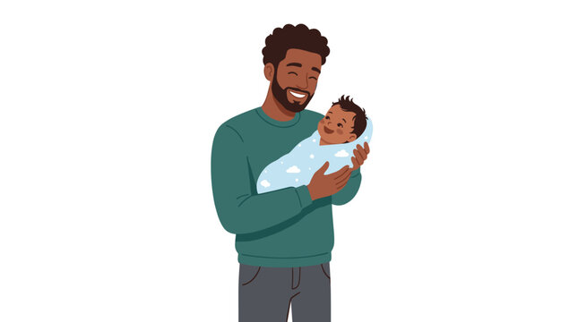 Joyful African American Father Cradles Happy Newborn : Parenthood Bliss Illustration