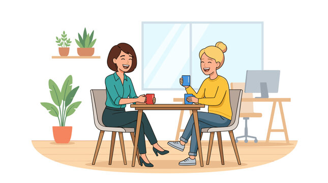 Two joyful women share a lighthearted moment together in a vibrant modern office setting with plants