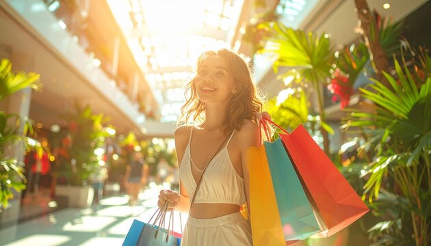 白い服でカラフルな買い物袋を提げリゾートモールを歩く女性
