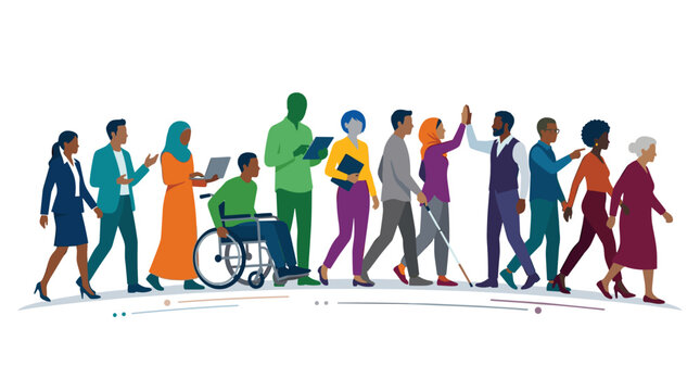 Diverse group of people illustration representing inclusion accessibility and equality in society and business
