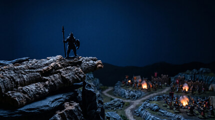 Fototapeta premium Warrior on the Cliff: A lone warrior stands atop a rocky precipice, spear in hand, surveying a village below illuminated by the eerie glow of fire and twilight.