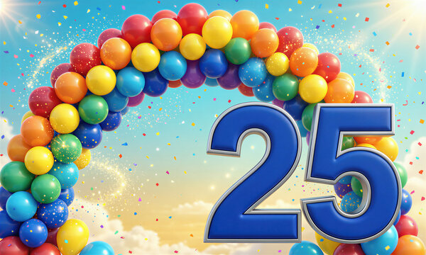 A vibrant birthday illustration featuring a rainbow-colored balloon arch, confetti, and the number 25 in large blue font against a bright blue sky with clouds.