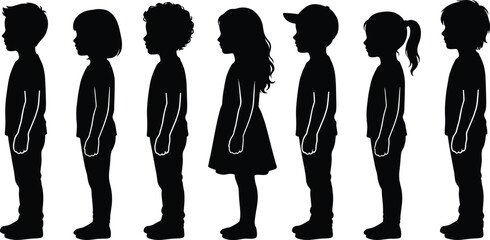 Black silhouette vector of diverse boys and girls standing in a row waiting in line © Manik