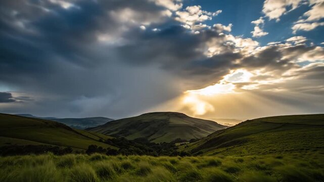 Panoramic view of rolling green hills at sunset.