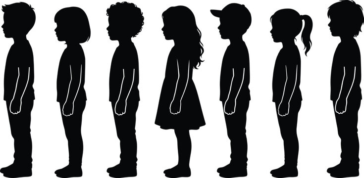 Black silhouette vector of diverse boys and girls standing in a row waiting in line
