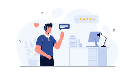 Fototapeta premium Customer Service Representative with Headset Waving Hello, Computer Desk, Stars Rating, and Chat Bubble - Vector Illustration